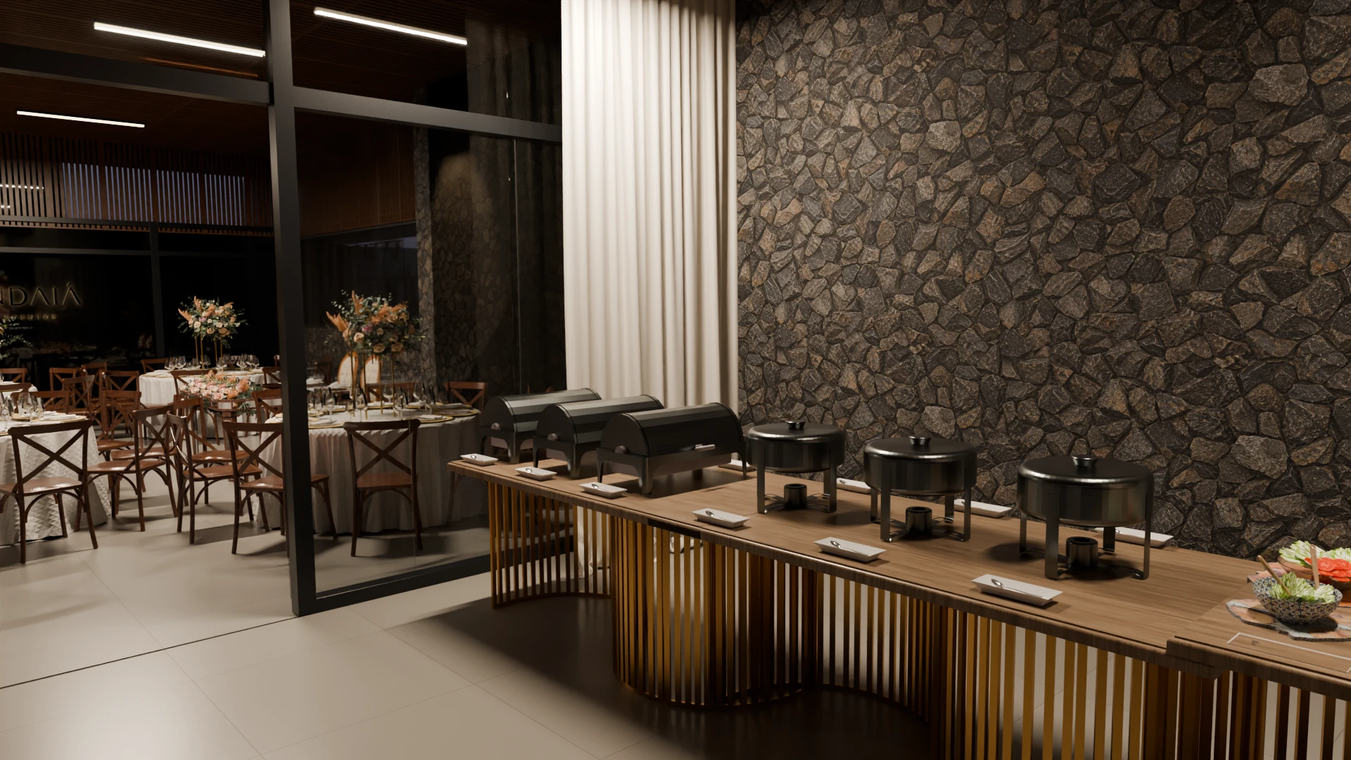 Buffet do projeto de Casamentos com bancada de madeira, parede de pedra e divisória de vidro fumê com armação preta.