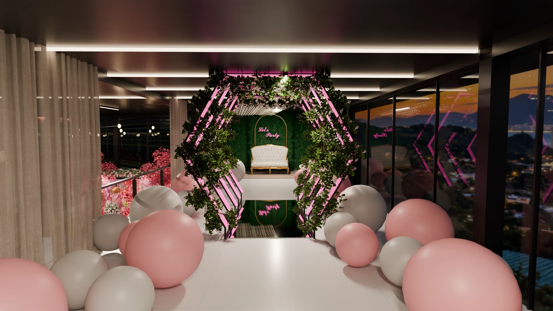 Corredor do mezanino no projeto de XV Anos, com arcos florais rosados, globos decorativos e caminho espelhado.